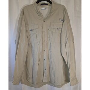 Columbia PFG Men's Beige Tan Vented Roll Tab Sleeves Pockets L/S Shirt Size XL